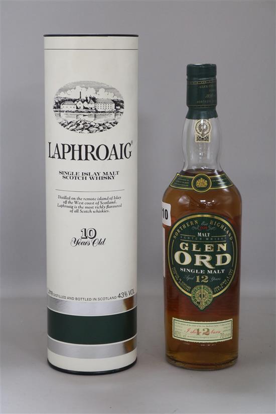 A 1980s one litre bottle of Laphroaig and a bottle of Glen Oban